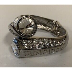 Vintage Pave Rhinestone Clamper Bracelet Bypass Bangle Silver Tone